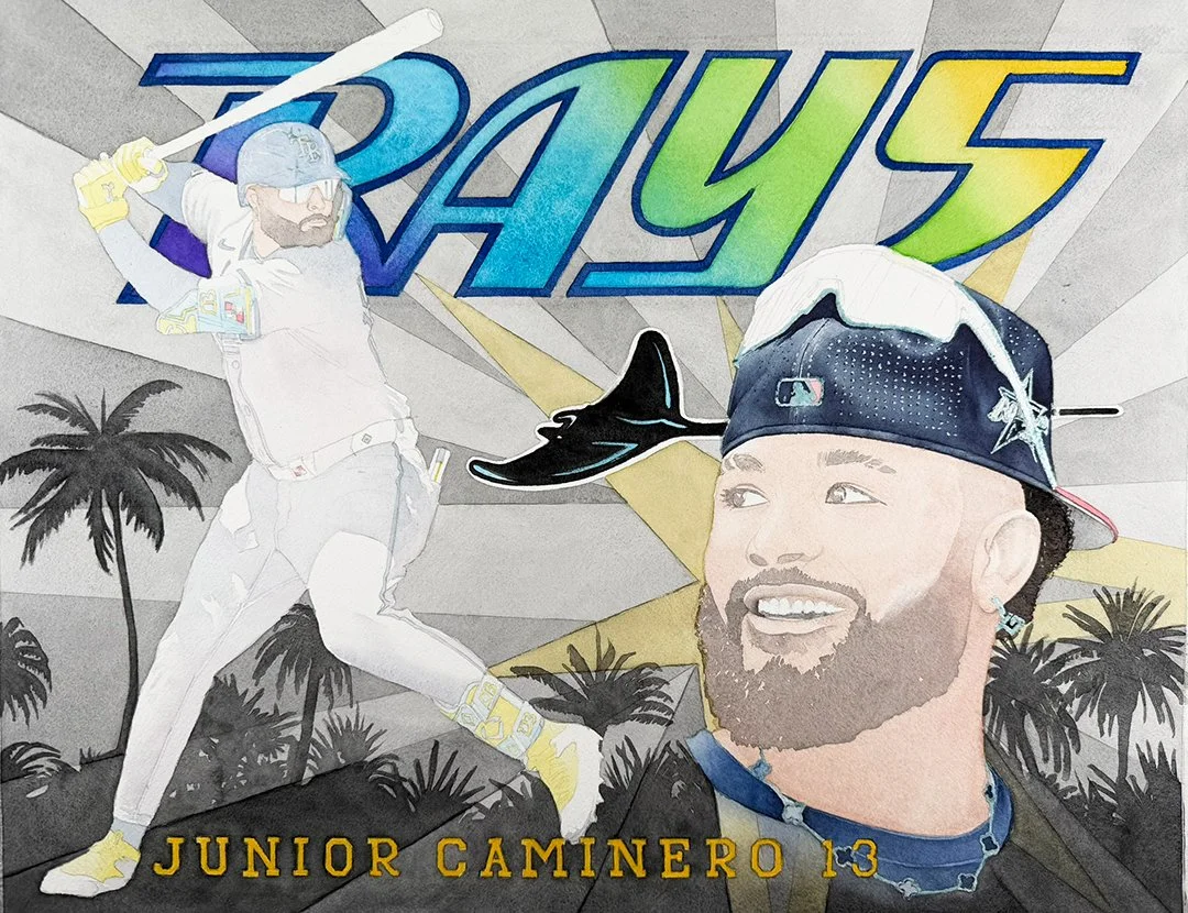 Cap and detail layering phase of Junior Caminero watercolor painting by Alvin Fall