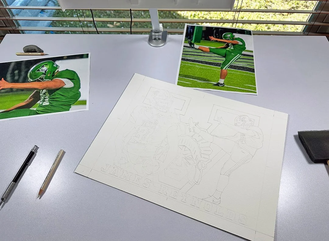 The process begins — reference photos of James Reynolds in action are set alongside the initial pencil drawing on Arches watercolor paper, mapping out the dual-pose composition before the first brushstroke.