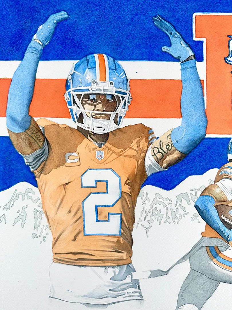 Pat Surtain II watercolor painting nearly complete.