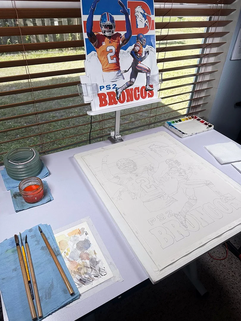 Beginning drawing phase of Pat Surtain II watercolor painting by Alvin Fall