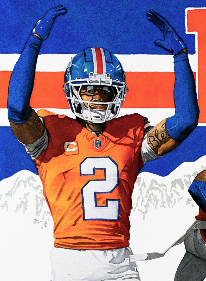 Close up showing Pat Surtain II uniform detail.