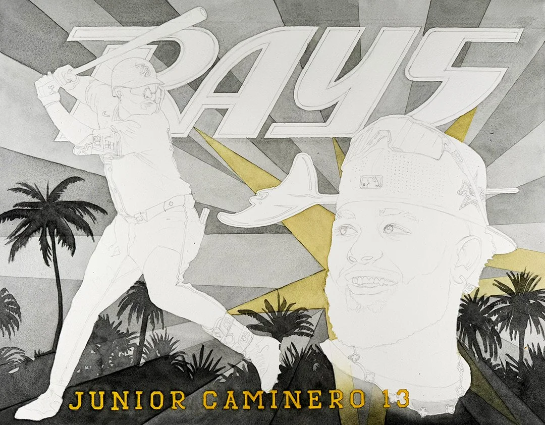 Background phase of Junior Caminero watercolor painting by Alvin Fall