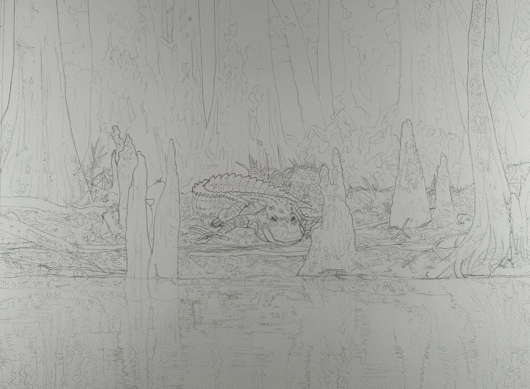 Initial pencil drawing on Arches 140lb cold press watercolor paper, establishing the composition of Tourist Trap before any paint is applied.