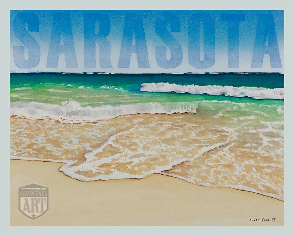Watercolor painting of Siesta Beach with turquoise Gulf waters, rolling waves, and powdery sand with hand lettered "SARASOTA" typography by Sarasota artist Alvin Fall IV