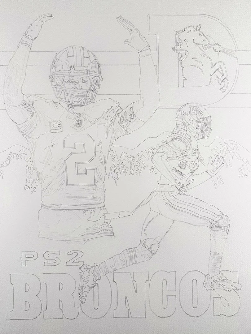 Beginning drawing phase of Pat Surtain II watercolor painting by Alvin Fall
