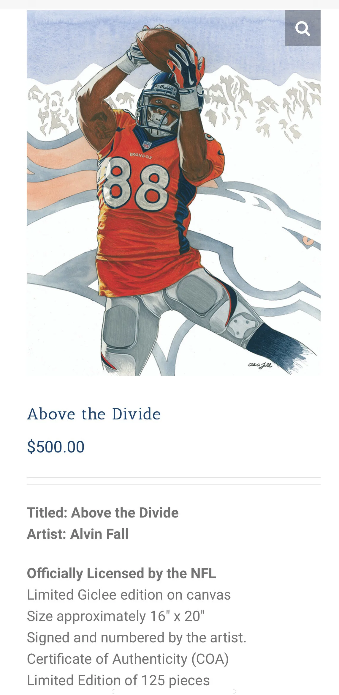 NFL Licensed Limited Edition Demaryius Thomas Giclee Prints on Canvas in Affiliation with Deacon Jones Foundation