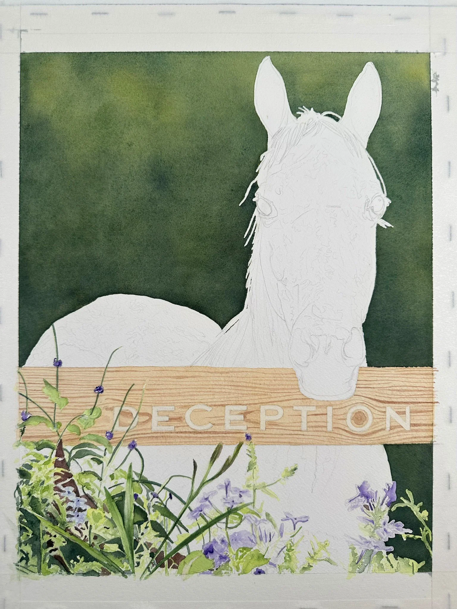 The wooden fence rail with hand-lettered "DECEPTION" carved into the grain, connecting the foreground flowers to the horse above.