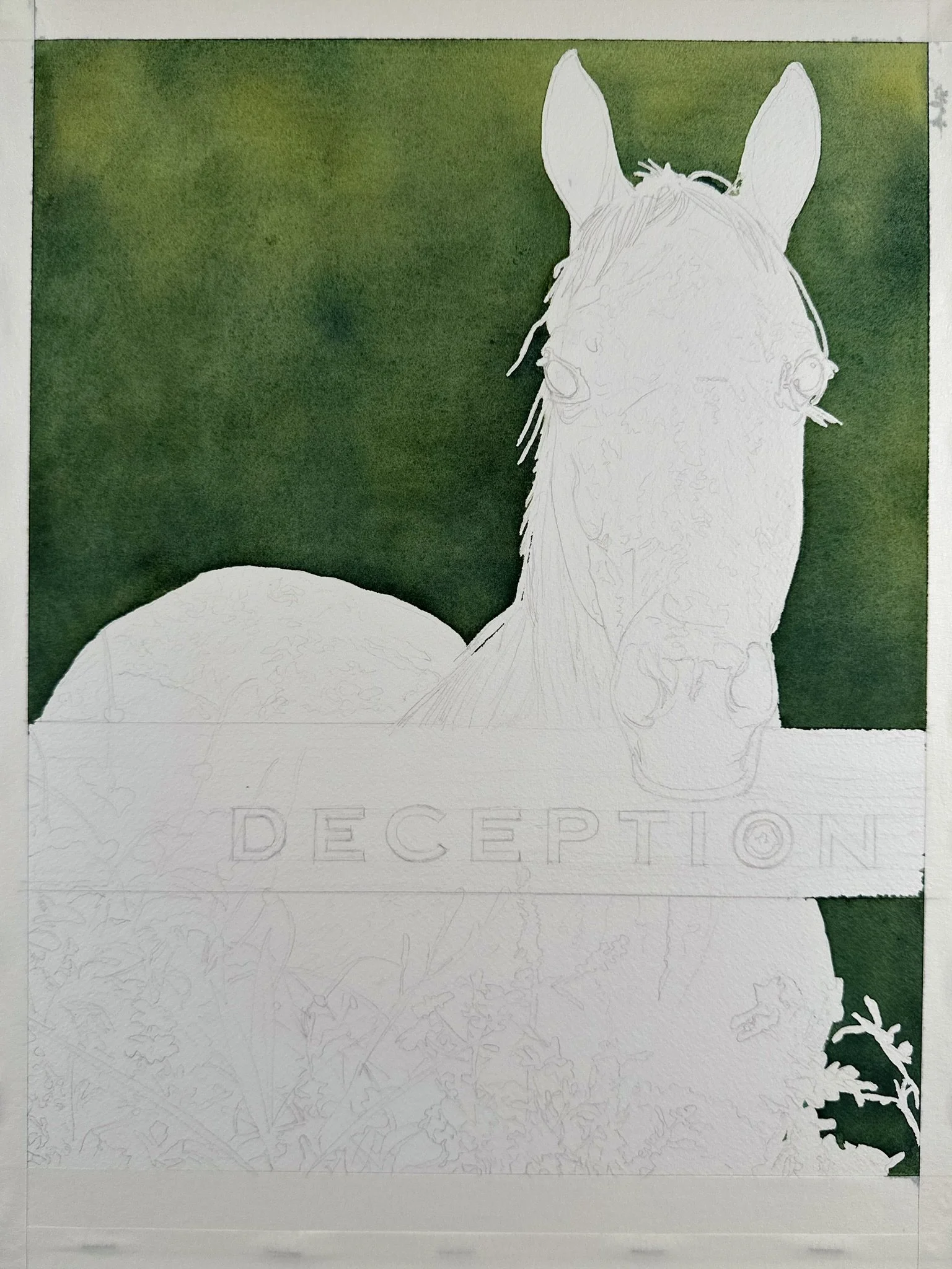 First washes of deep green laid in behind the horse, building the lush foliage backdrop using wet-on-wet watercolor technique.