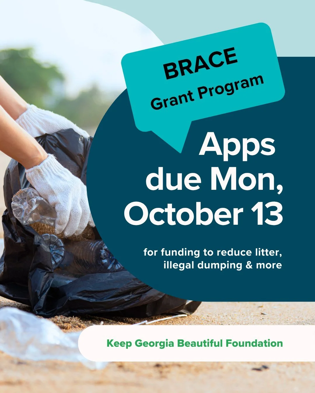 ⏰ Don't forget! Applications for our BRACE Grant are due Monday, October 13. Get funding to fight litter, reduce waste, and beautify your community.

Local governments, public authorities, agencies, commissions, or institutions across the state of Ge