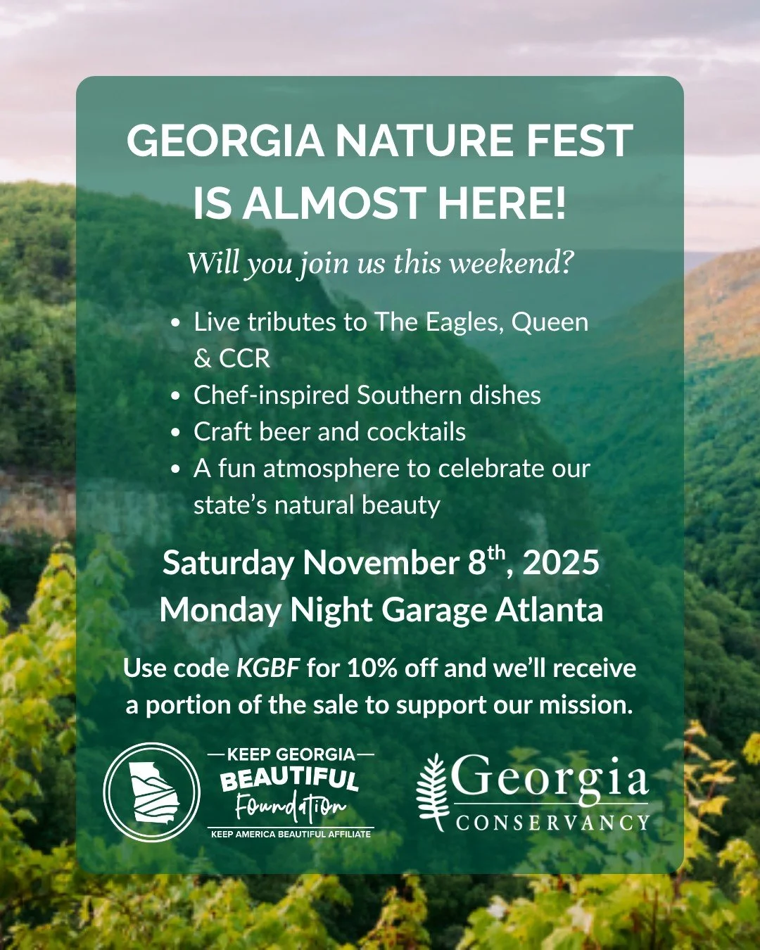 Got plans for the weekend? We&rsquo;re teaming up with Georgia Conservancy for Georgia Nature Fest &ndash; an evening of Southern flavors, legendary music, and community spirit.

📅 Saturday, Nov. 8, 2025 | 📍 Monday Night Garage, Atlanta

🎟 Use pro