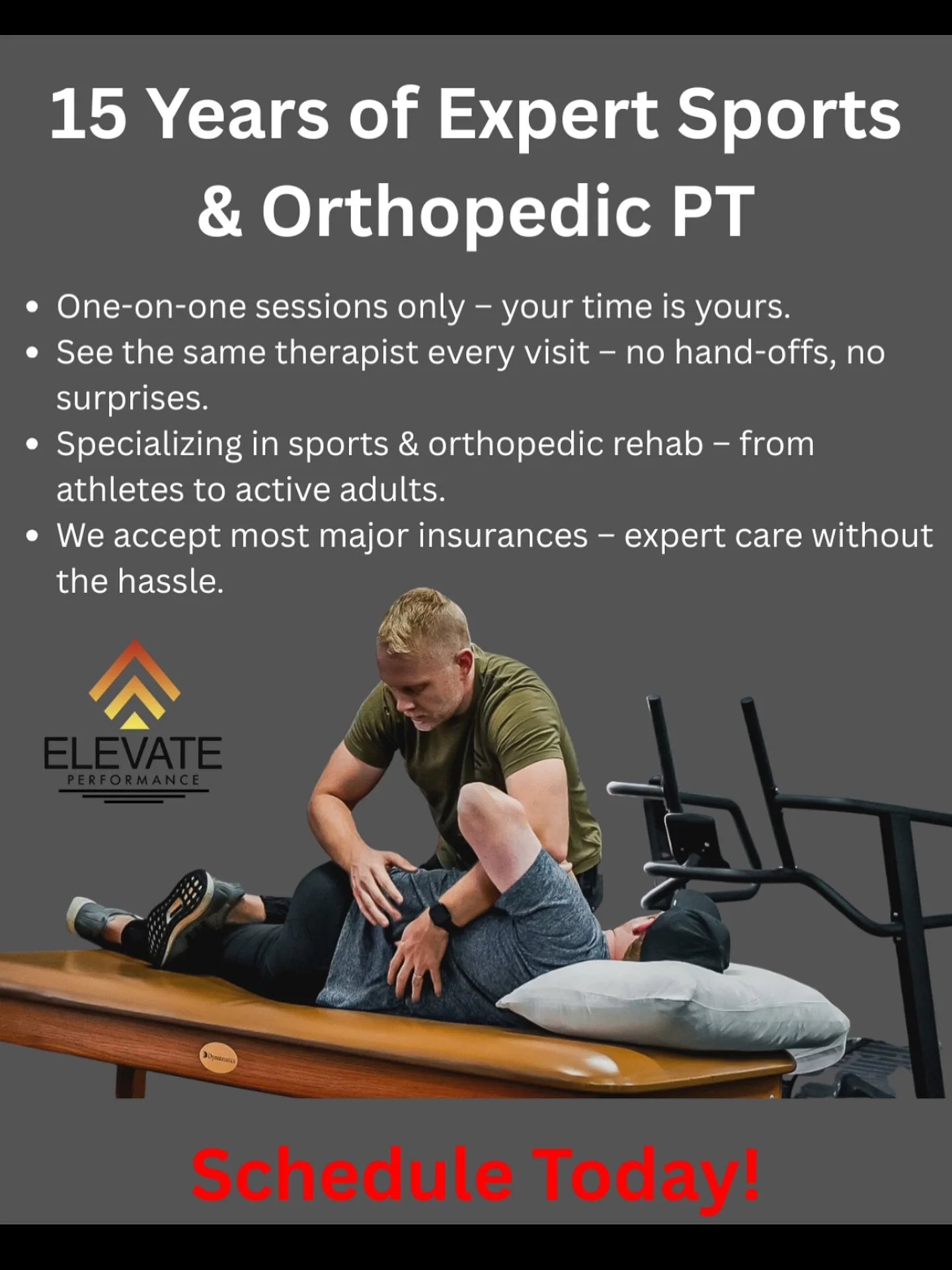 Your recovery shouldn&rsquo;t feel rushed or impersonal. With 15 years of sports and orthopedic physical therapy experience, we focus on one-on-one treatment sessions - with the same therapist every visit. Let&rsquo;s get you back to doing what you l