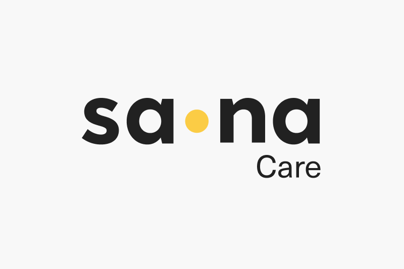 Logo for Sana Care with the word 'sana' in black lowercase letters, a yellow dot replacing the letter 'o', and 'Care' written below in black.