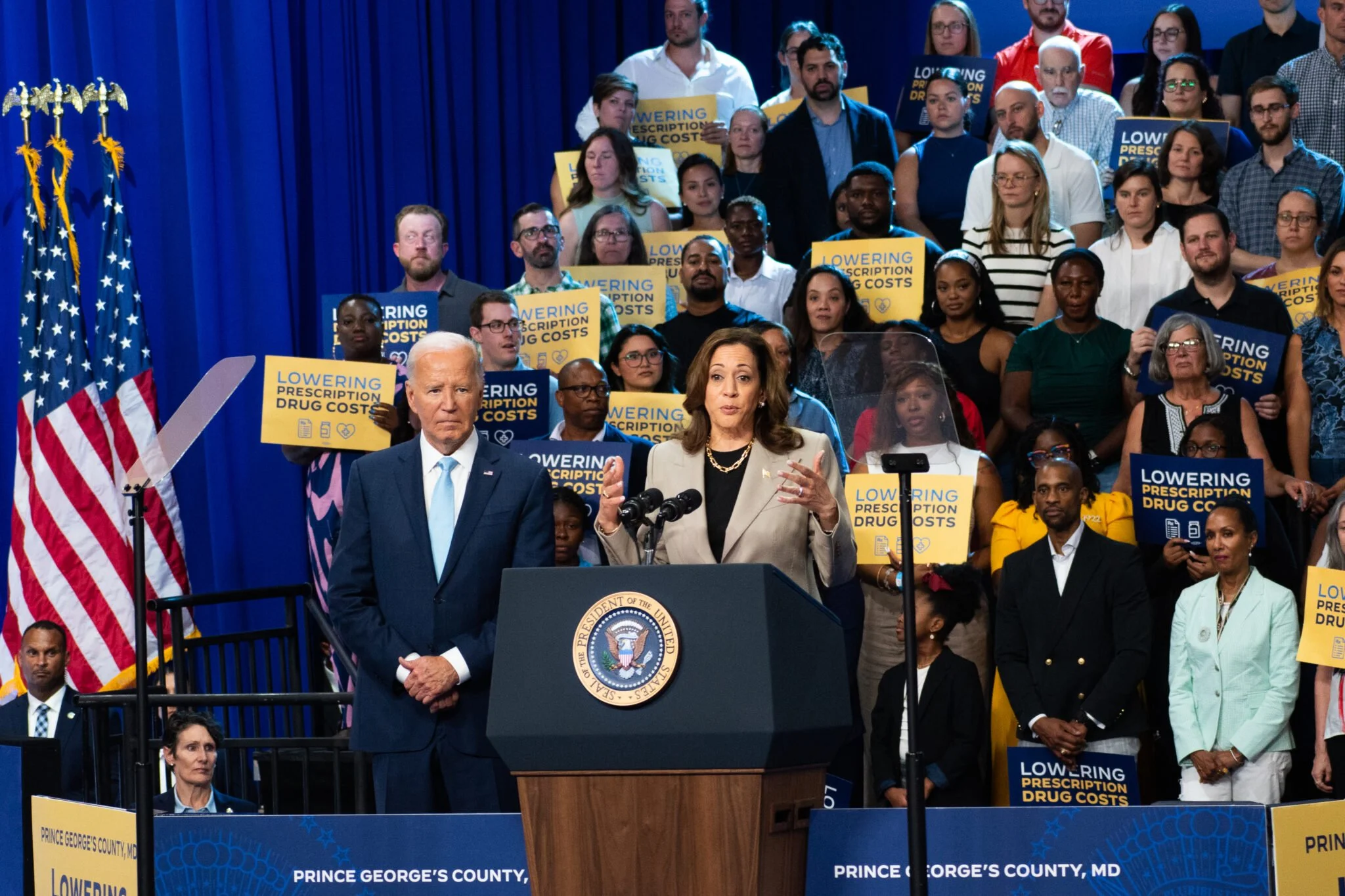 Biden, Harris talk drug savings, but mostly praise each other in Maryland appearance