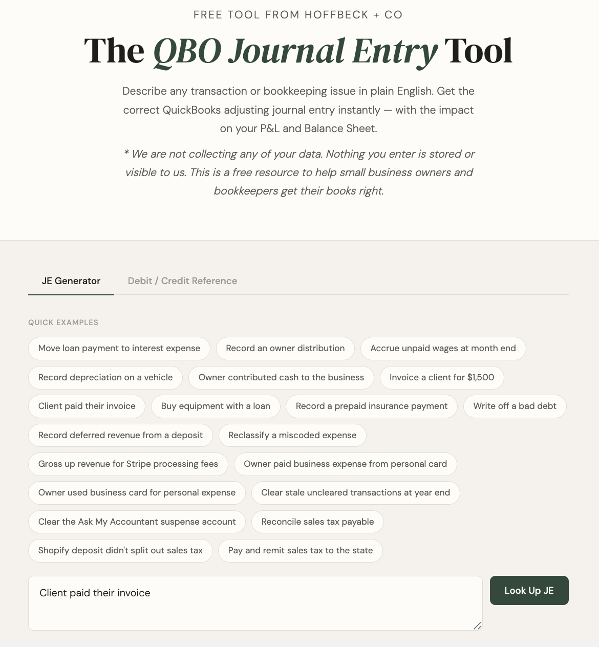 QuickBooks Online Journal Entry Tool screenshot | Hoffbeck + Co