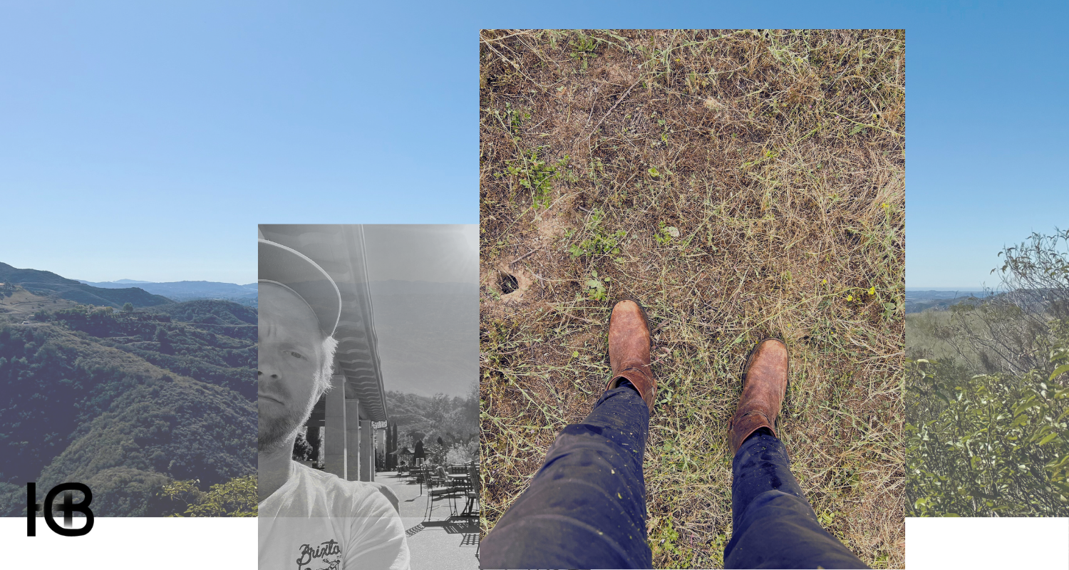 hoffbeck + co | layered images: blue sky and rolling green hills in background, small black and white photo of man with scruffy beard, and working mans legs with boots on looking toward the ground with hoffbeck + co logo