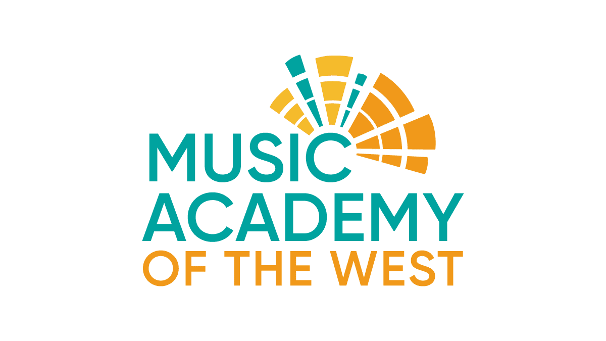 Logo for Music Academy of the West featuring abstract colorful design and text.