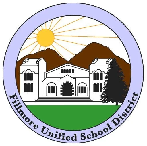 Seal of the Fillmore Unified School District featuring a mountain range, rising sun, a large building, a tree, and a green lawn.