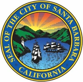 Seal of the City of Santa Barbara, California, featuring a lighthouse, hills, the ocean, and ships at sea with a sunset in the background.