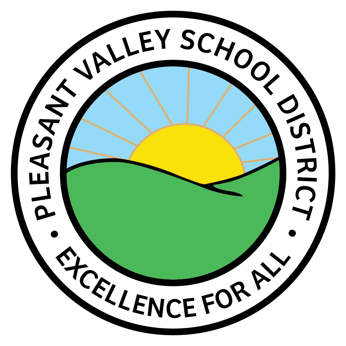 The logo for Pleasant Valley School District featuring a rising sun over green hills with a black border and the district's name around the edge, along with the slogan 'Excellence for All'.