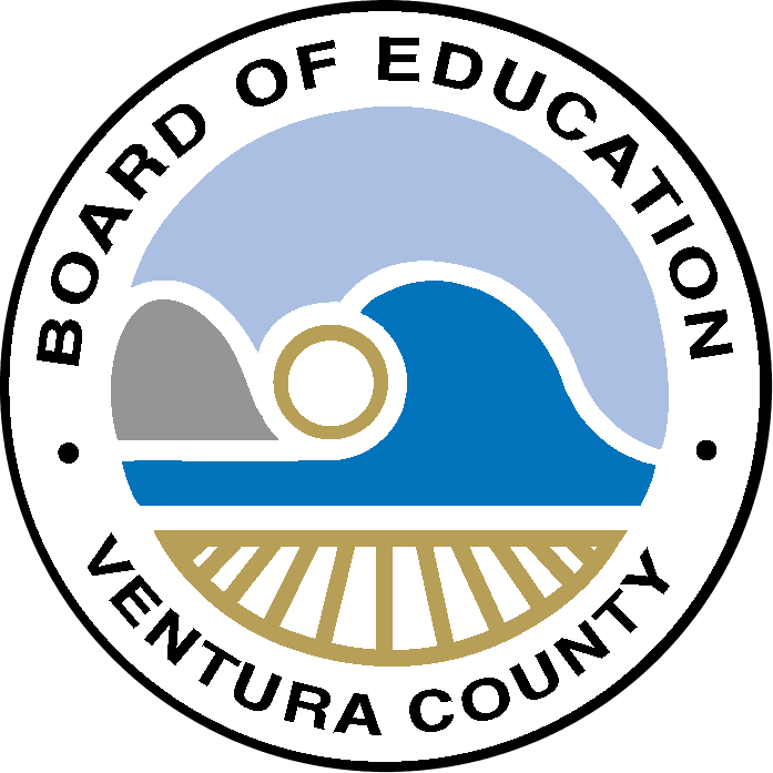 Seal of Ventura County Board of Education featuring mountains, ocean waves, and agricultural fields.