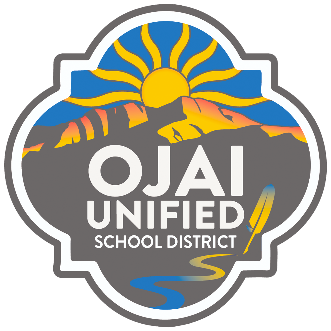 Ojai Unified School District logo featuring a sun rising over mountains, a river, and a feather.