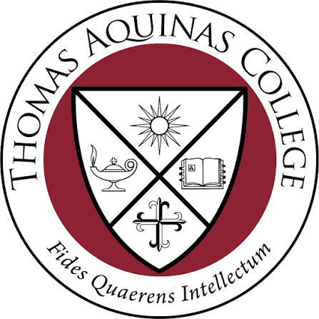 Thomas Aquinas College emblem with shield divided into four sections, a sun, a lamp, a book, and a cross, surrounded by the school's name and the motto 'Fides Queerens Intellectum'.