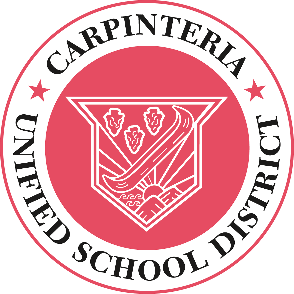 Seal of the United States Department of Education, featuring a red circle with a white border and the words 'Carpinteria Unified School District' around the edge. In the center, there is a triangle shape with a stylized sun, rolling hills, a river, and three trees.