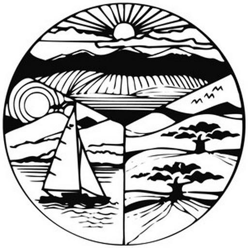 Black and white circular illustration of a landscape with the sun rising or setting over mountains and clouds, a sailboat on water, trees, and fields.