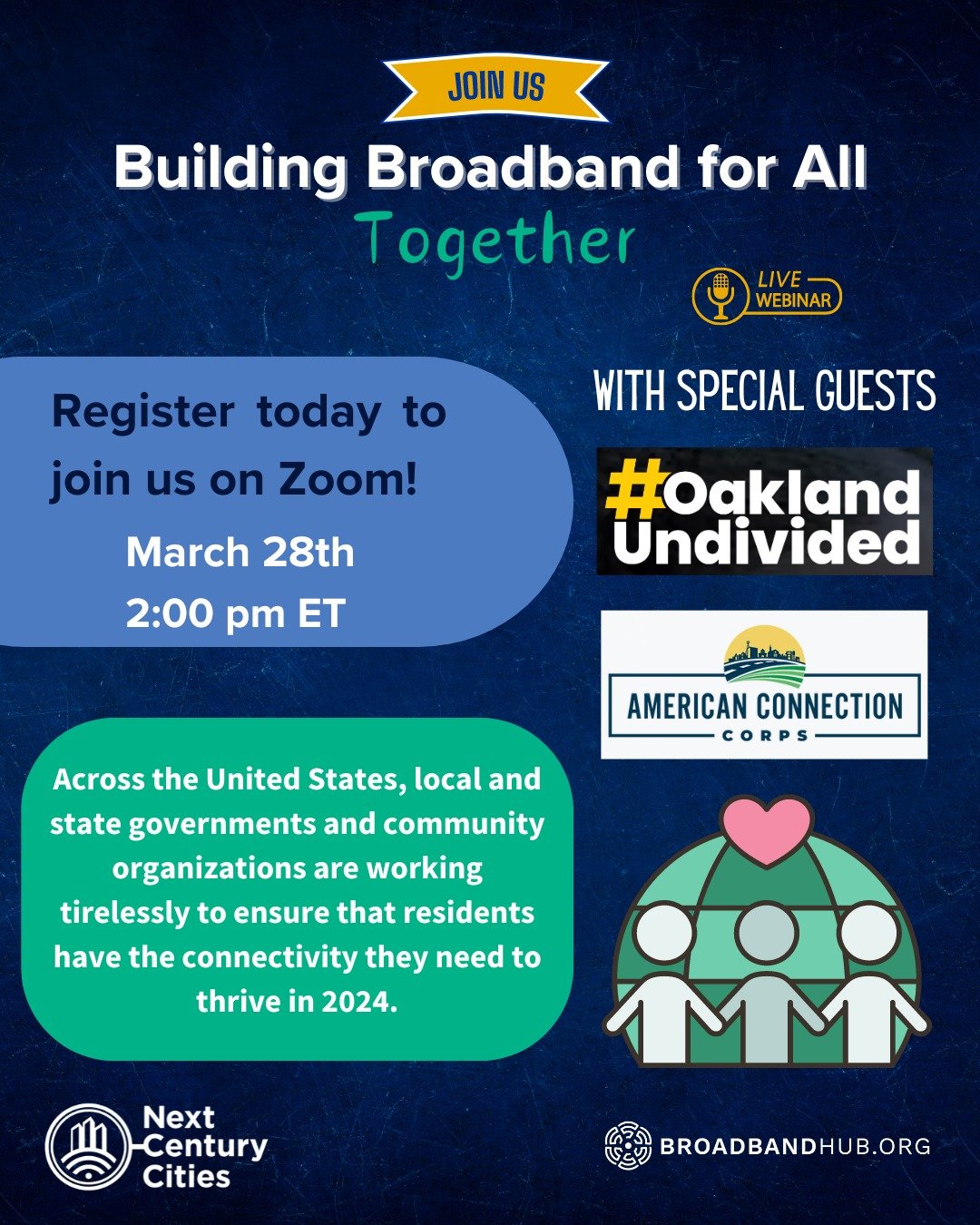 TOMORROW! Join @nextcenturycities &ldquo;Building Broadband for All Together&quot; event to hear from @OaklandUndivided and digital equity advocates across the country as we present on how community-based programs are improving connectivity outcomes 