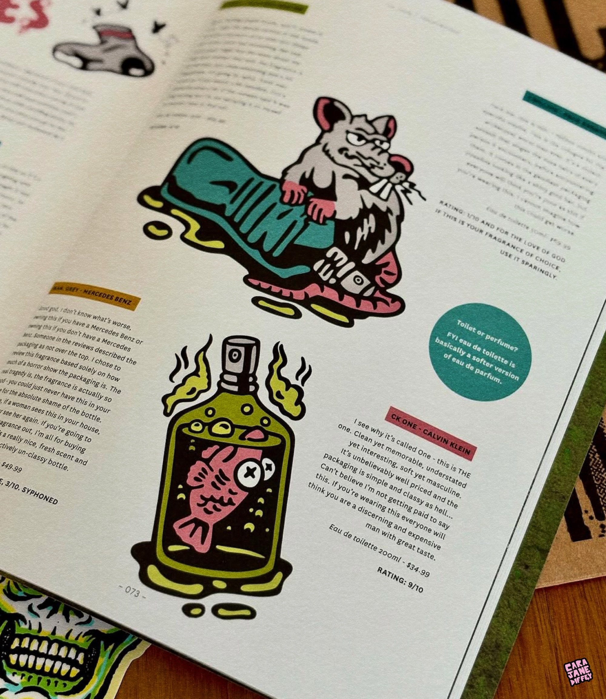 Colorful illustration of a rat with a crown, sitting on a pile of gold, holding a magnifying glass. Below is a cartoon-style bottle with a fish and a clock inside, emitting steam or vapor.