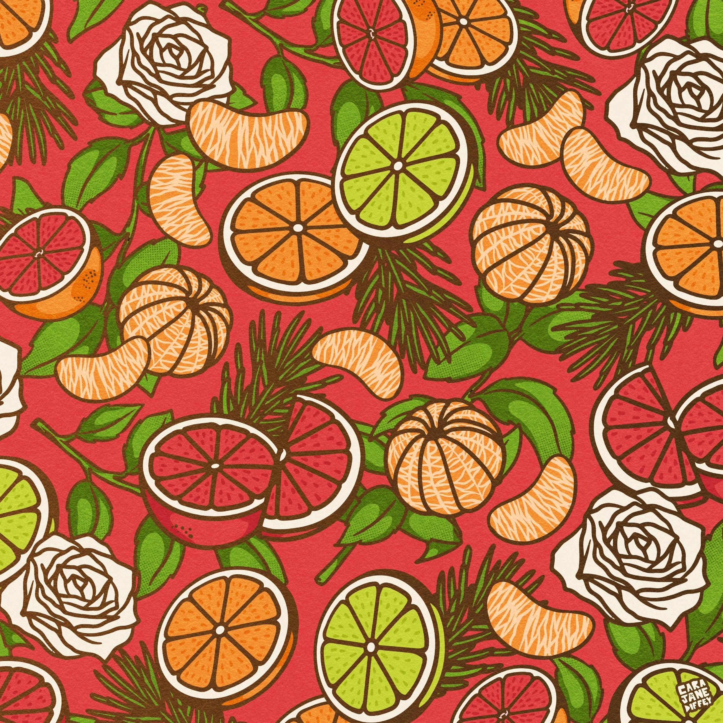 Pattern featuring sliced citrus fruits like grapefruits, oranges, limes, clementines, along with white roses, green leaves, and pine branches against a red background.