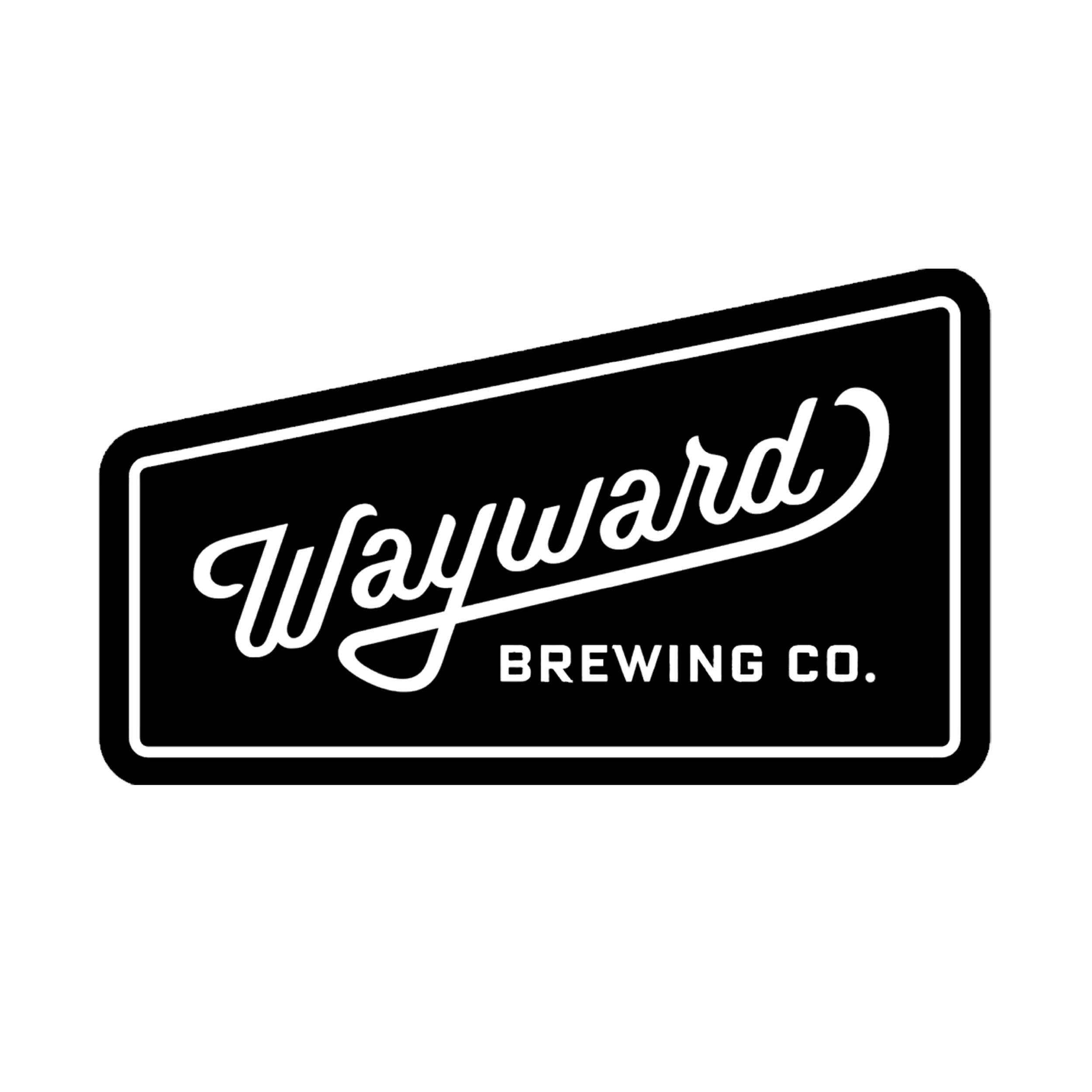 Line drawing of a rectangular sign with curved edges displaying the text 'Wayward Brewing Co.'