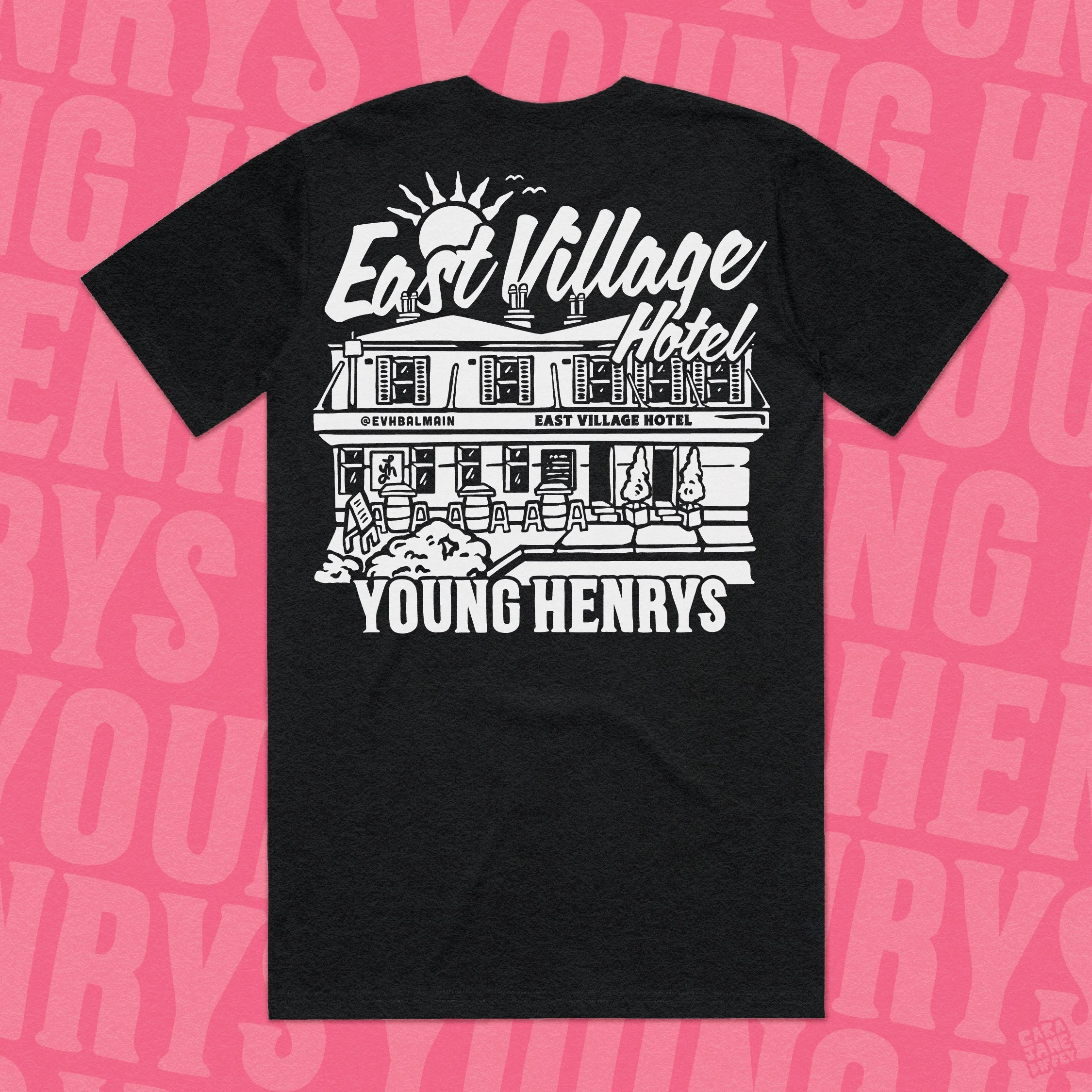 Black T-shirt featuring white graphic design of a building, the sun, and text that reads "East Village Hotel" and "Young Henrys."