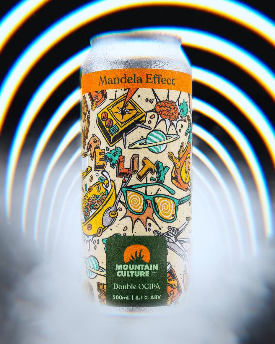 A colorful beer can with various illustrated designs, including a cassette tape, sunglasses, bongs, and planets, labeled 'Mandela Effect' and 'Mountain Culture Double OCIPA, 8.1% ABV, 500ml', centered in front of a vibrant, glowing rainbow tunnel.