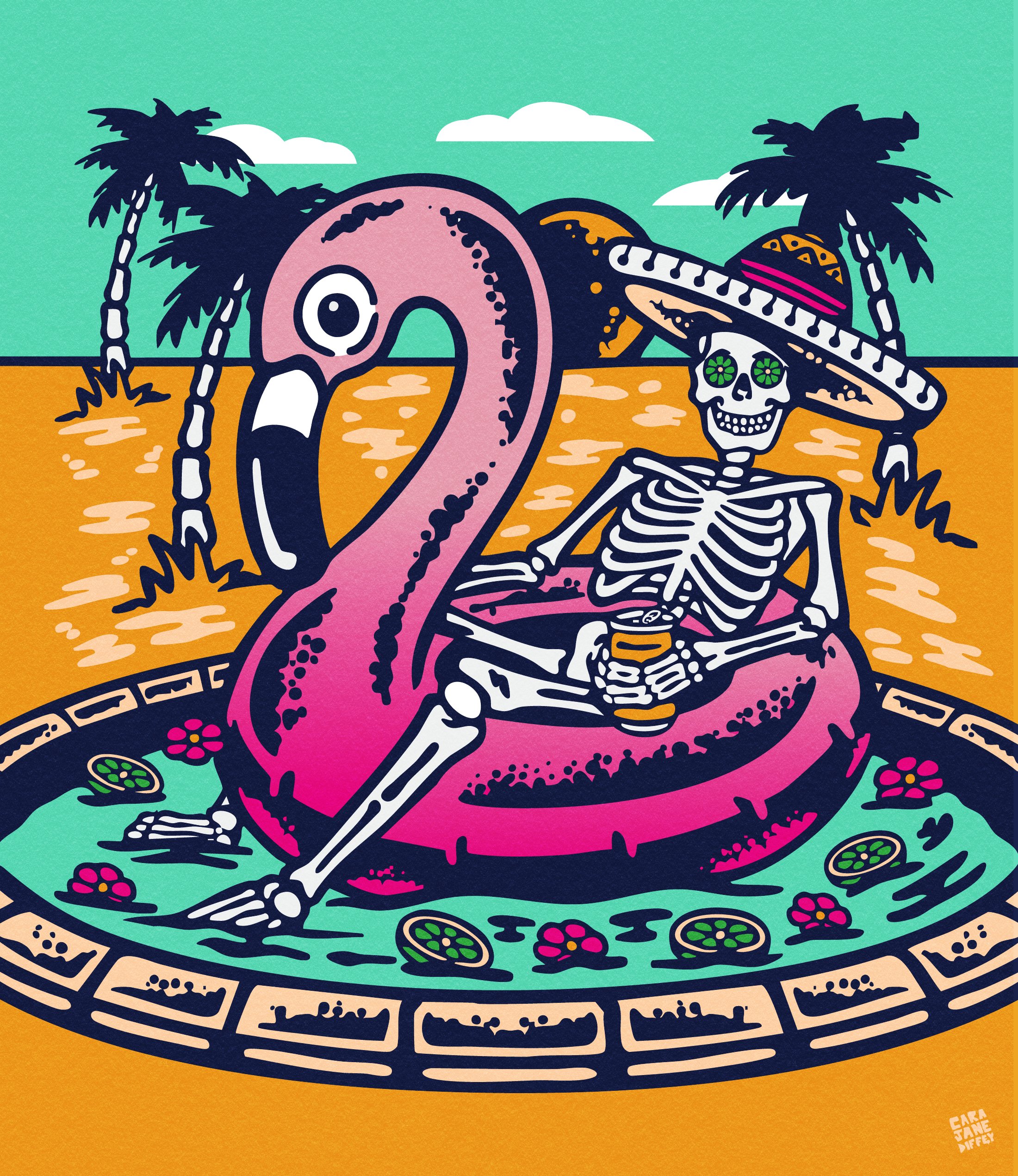 Colorful illustration of a skeleton wearing a sombrero, sitting on a pink flamingo float in a pool with flowers and lime slices, with a tropical background including palm trees, a sun hat and clouds.