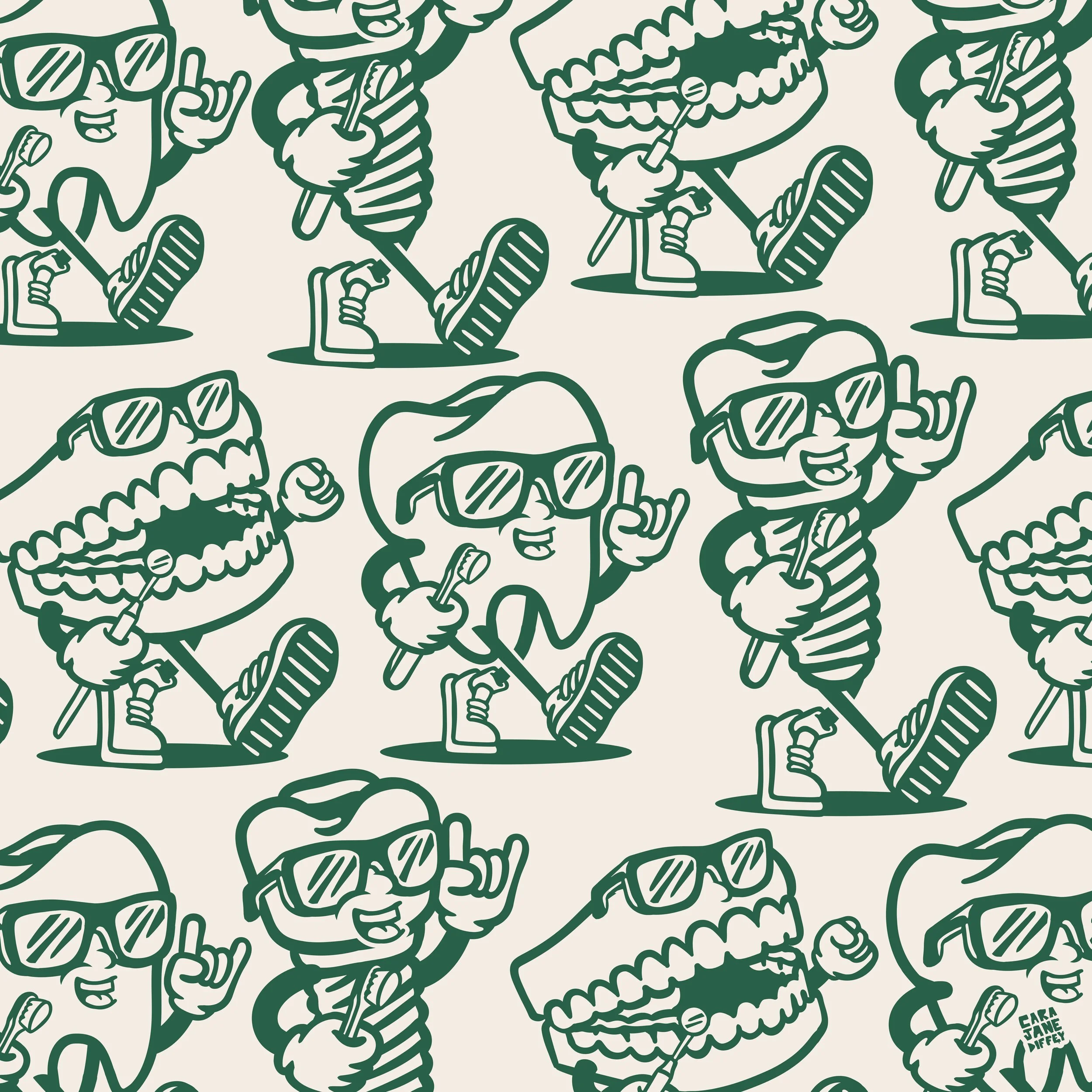 Pattern of cartoon teeth and bones with sunglasses and toothbrushes, smiling and making shaka signs.