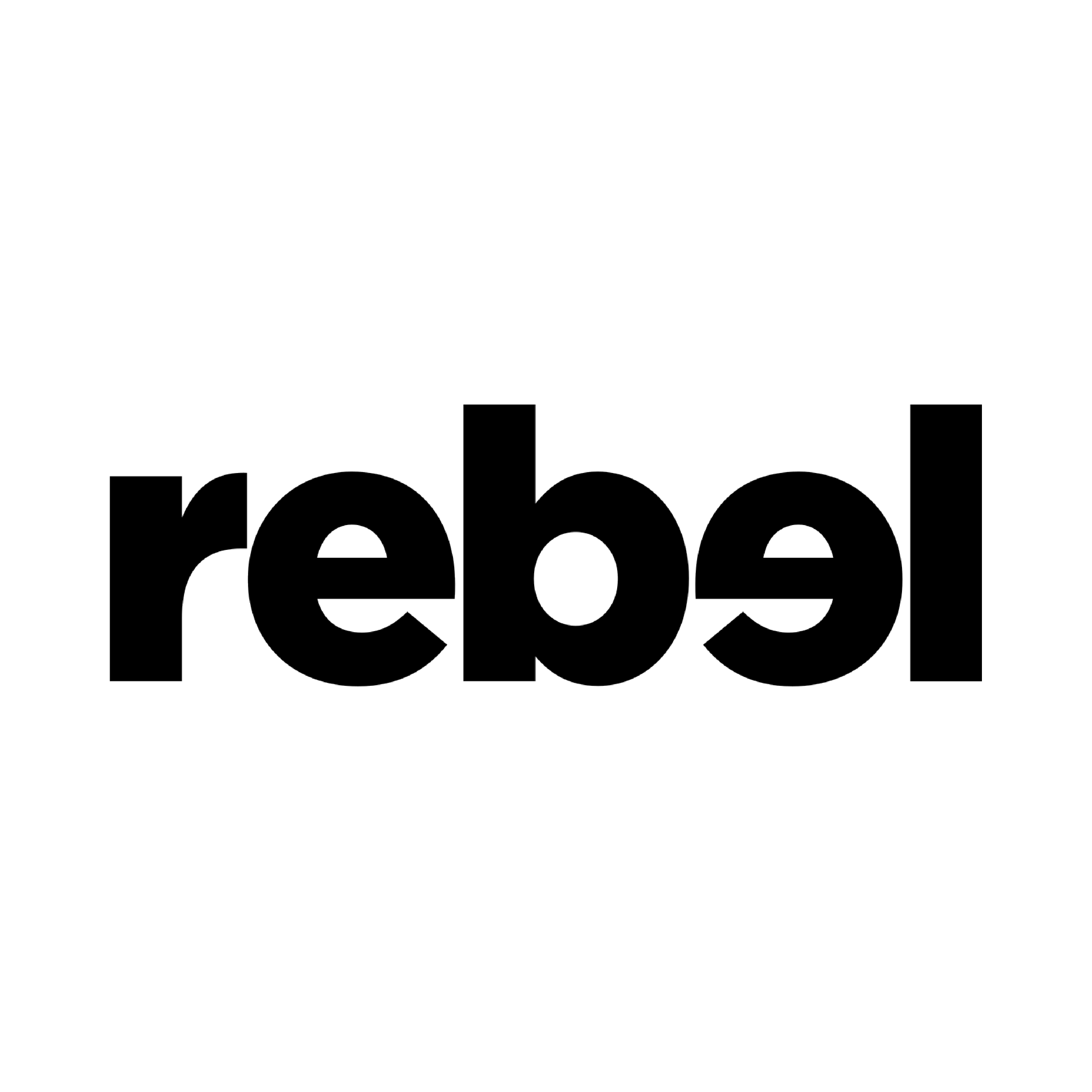 A black background with theOutline of the word "rebel" in white, lowercase letters.