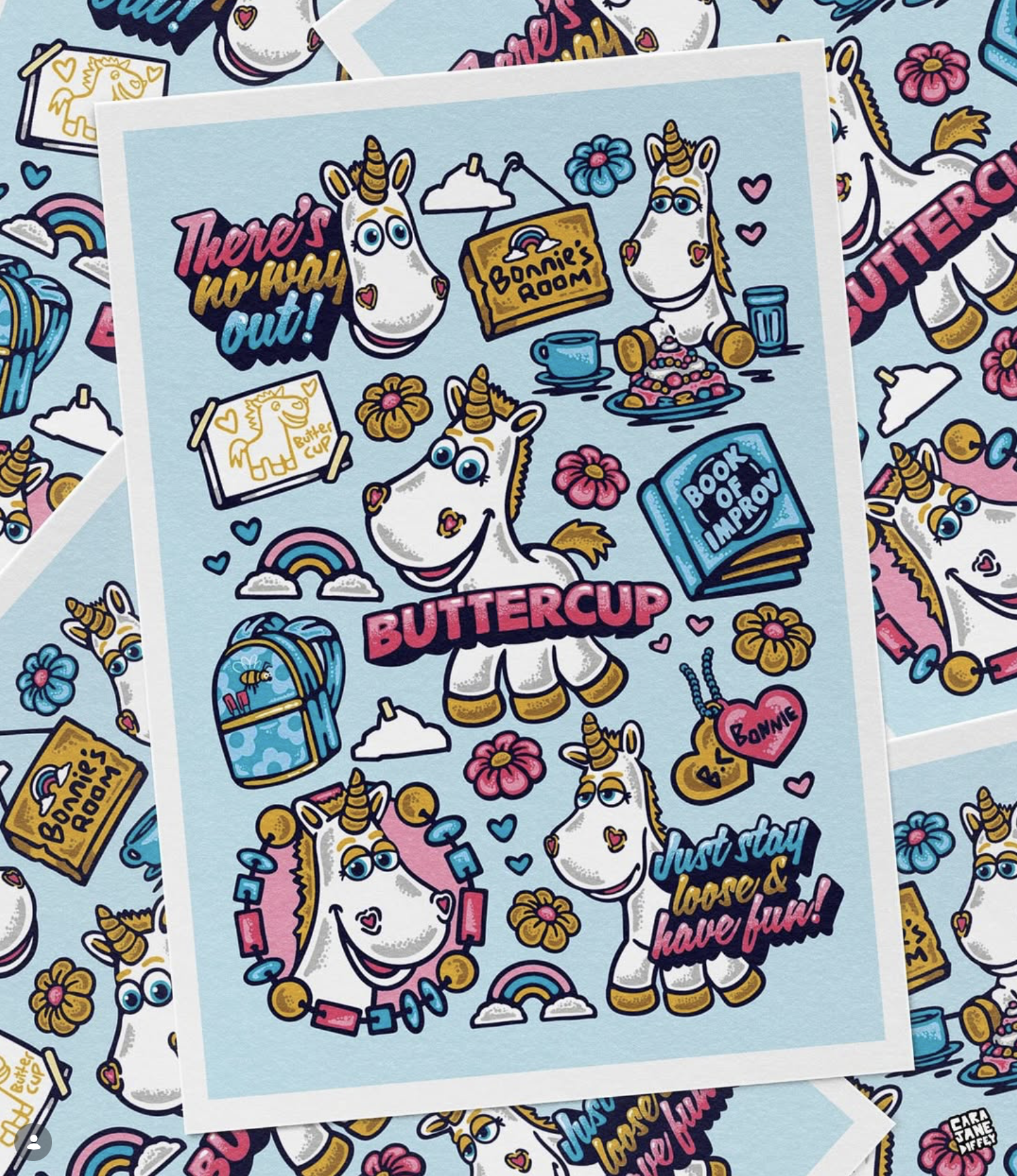 Colorful illustration featuring cartoon unicorns with hearts, flowers, rainbows, a book titled 'Book of Improv,' a backpack, and signs with phrases like 'There's no way out!,' 'Buttercup,' and 'Just stay loose & have fun!'