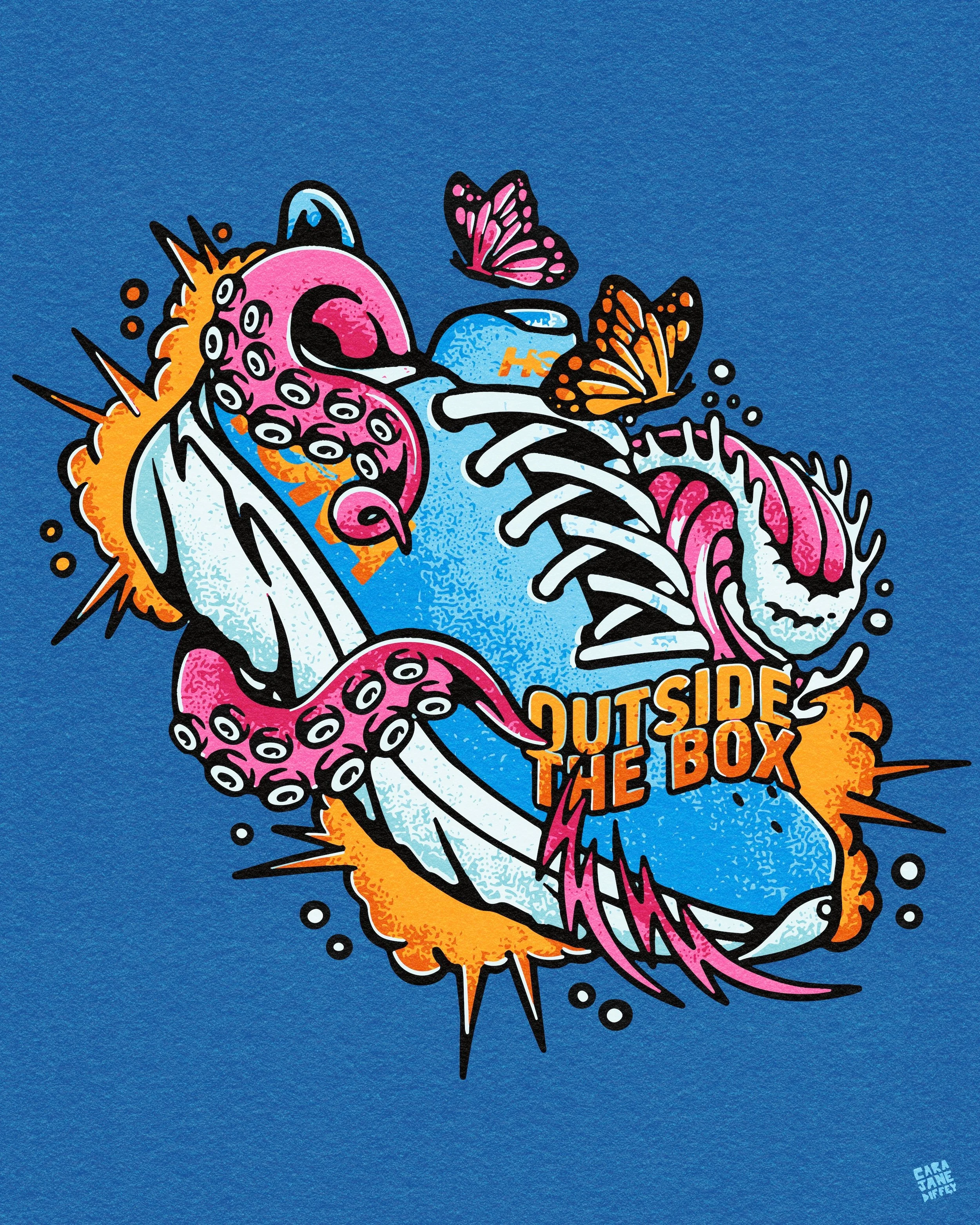 Colorful graphic illustration of a fish with an octopus tentacle wrapped around it, surrounded by butterflies and explosion-like shapes, with the phrase "Outside the Box" in bold letters.