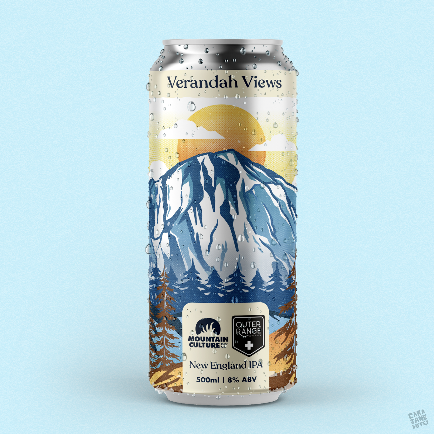 A can of Mountain Culture Beer Verandah Views with a mountain landscape illustration, including a snow-capped mountain, trees, a sunset, and clouds, with water droplets on the can surface.