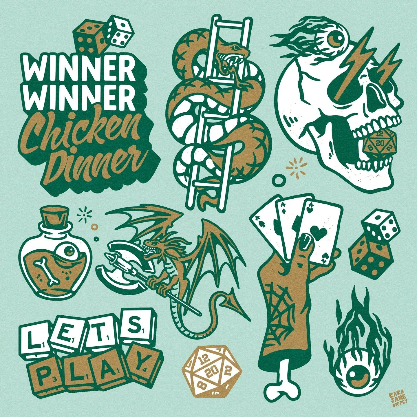 A collection of gaming-inspired tattoos and illustrations including a dice, a snake, a skull with lightning, a potion bottle, a dragon, a hand holding playing cards, and the phrase 'Winner Winner Chicken Dinner' with Scrabble tiles spelling 'Let’s Pl