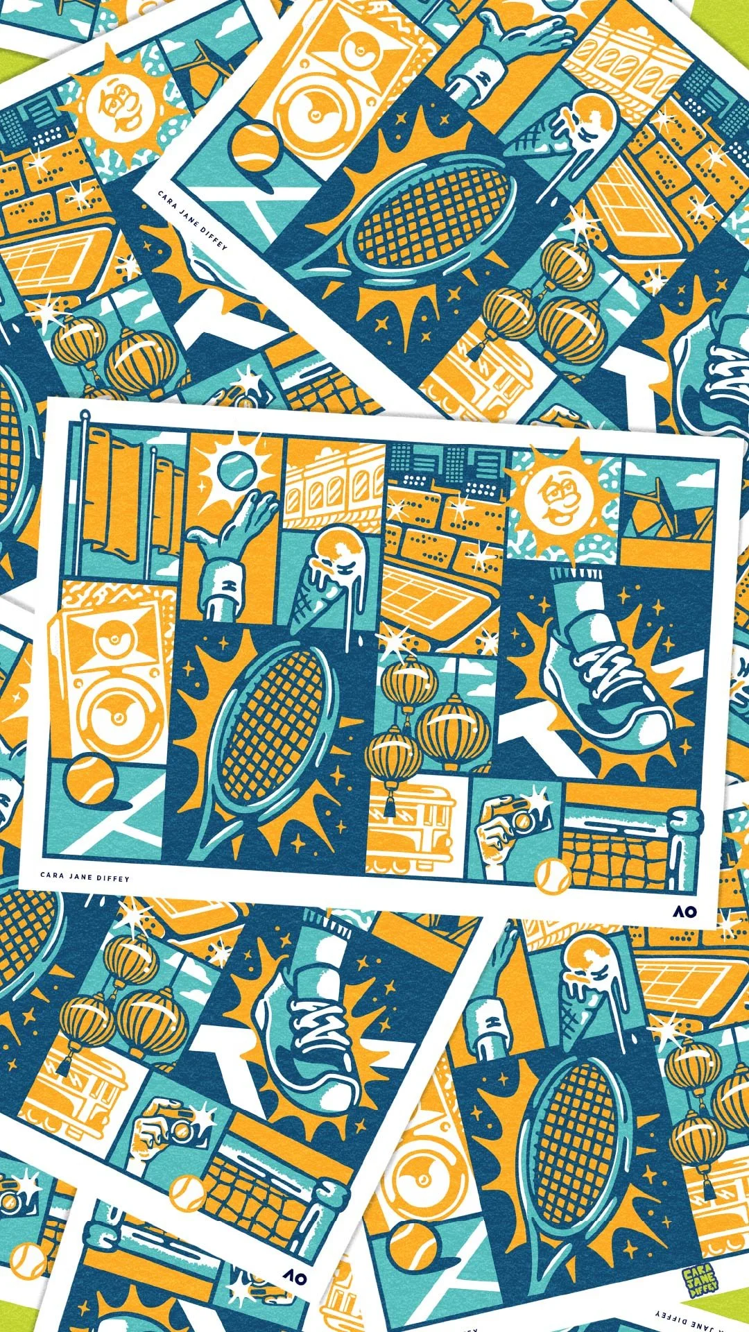 Illustrated collage of a blue and orange-themed poster with tennis and travel themes, including a tennis racket, tennis ball, sneaker, camera, bus, and cityscape. The poster features stylized graphics and is credited to Cara Jane Diffey.