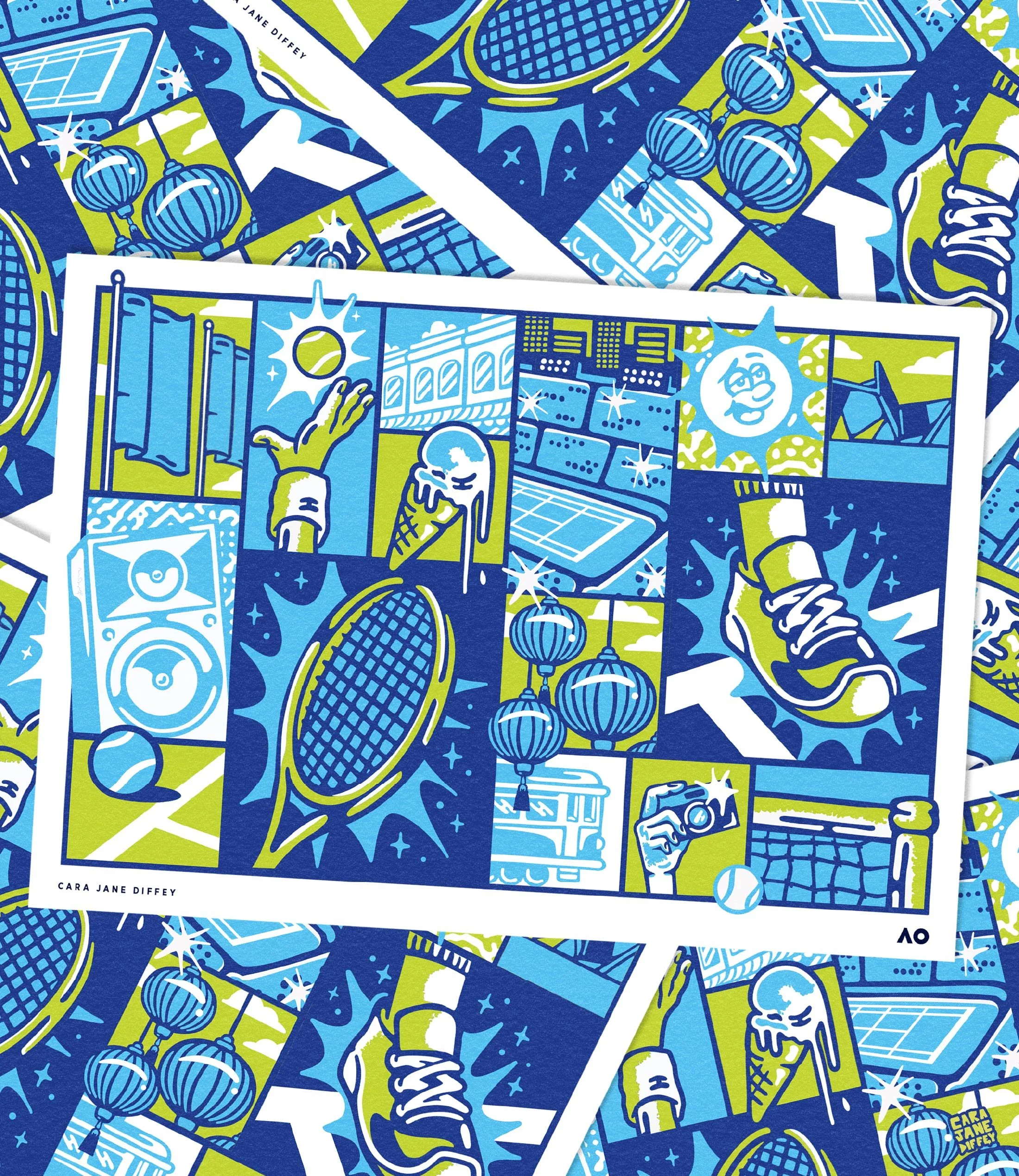 Colorful comic-style collage with images of a hand reaching for the sun, a skull, a sneaker, a camera, a tennis ball, a speaker with a record, lanterns, buildings, and stars, with the name Cara Jane Diffey at the bottom.