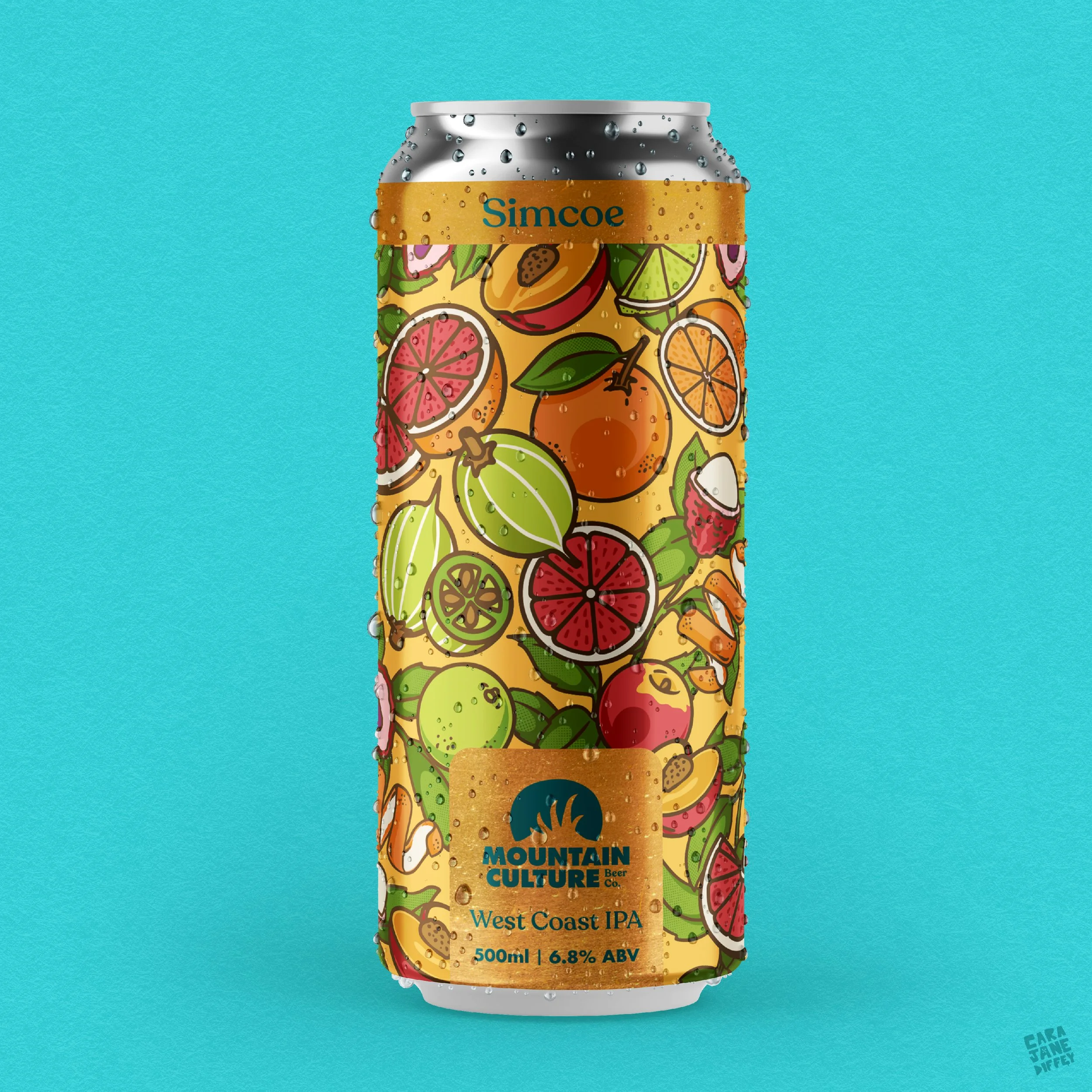 A colorful can of Mountain Culture West Coast IPA beer with a fruit pattern design and water droplets, set against a blue background.