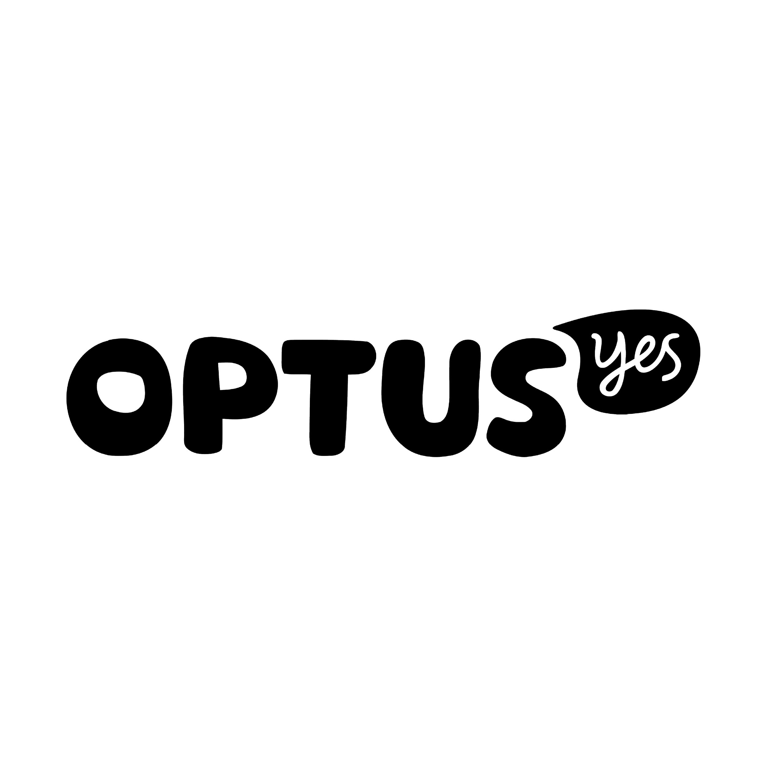 Lettering of the phrase "OPTUS yes" with a speech bubble around the word "yes" on a black background.