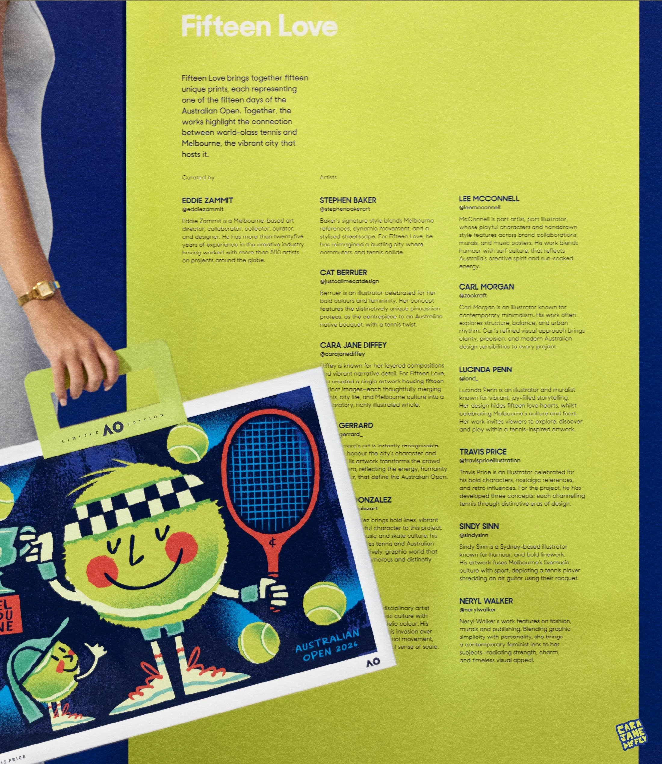 A flyer for the 'Fifteen Love' art project, featuring colorful illustrations of a tennis-playing watermelon character, tennis balls, and a racket. The flyer provides details about the project, including participating artists and a note about the Aust
