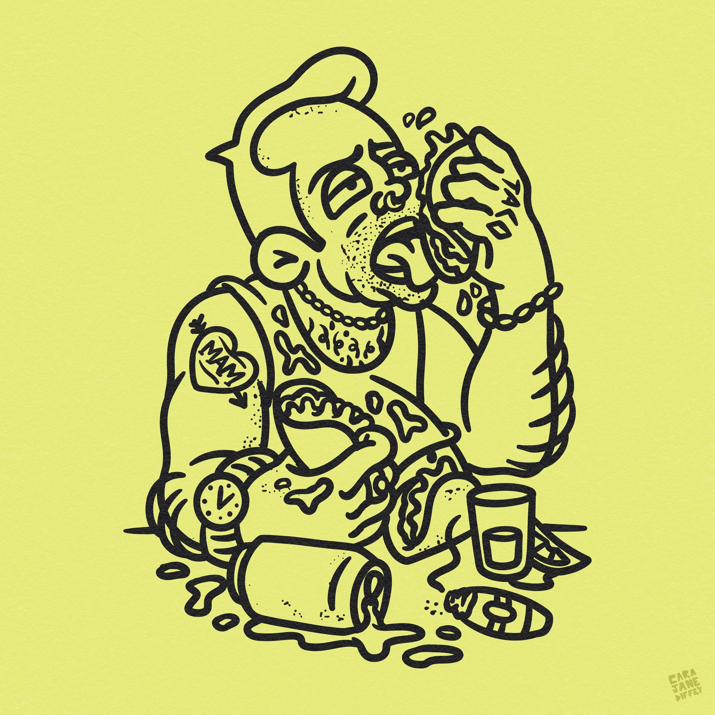 Line drawing of a greasy male character with a beard, wearing a jacket with a heart tattoo, drinking from a cup with fast food wrappers around, spilled soda, and snacks on a yellow background.