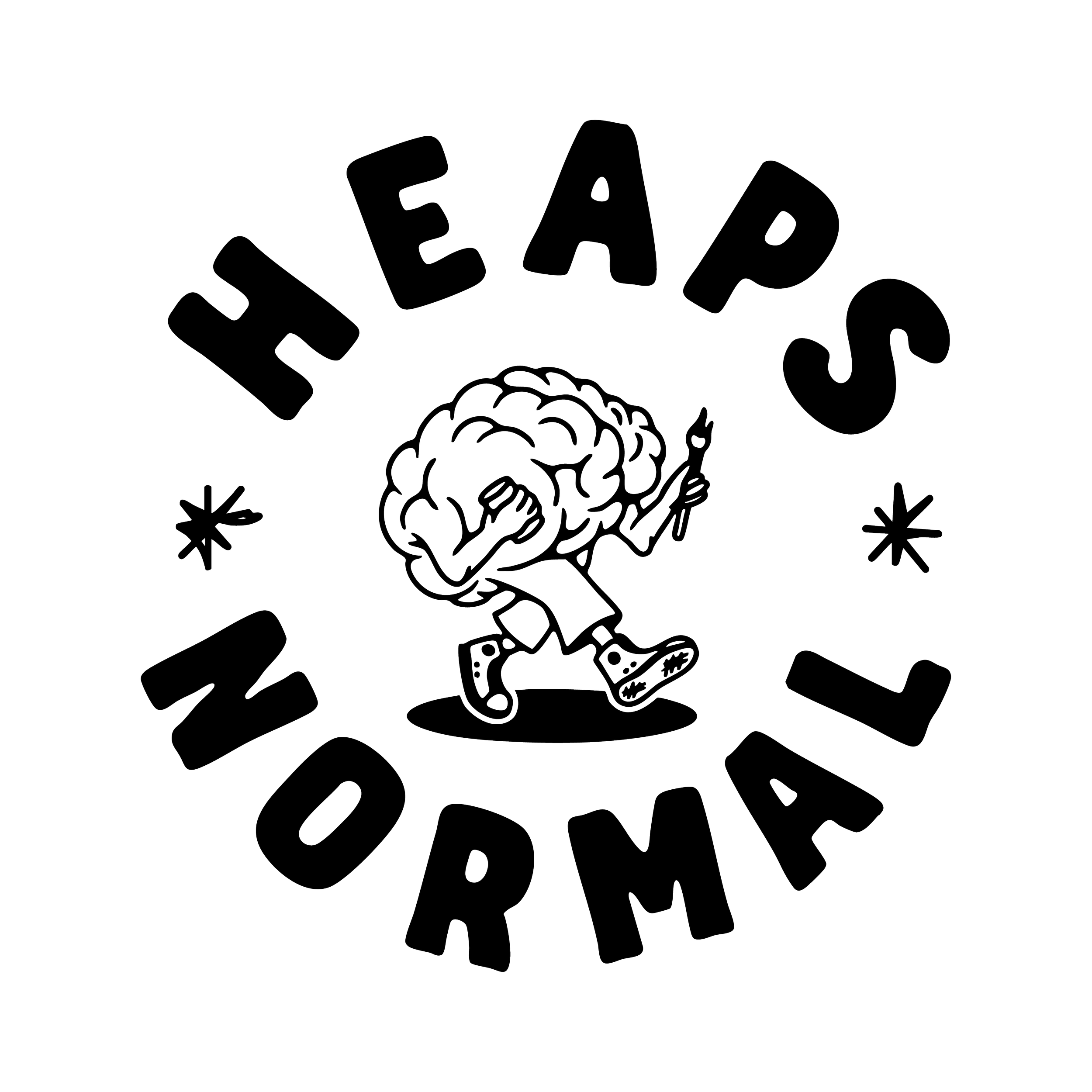 A line drawing of a cartoon brain character holding a fork and walking, surrounded by the words 'HEAPS' and 'NORMAL' in a circular arrangement, with two asterisks.