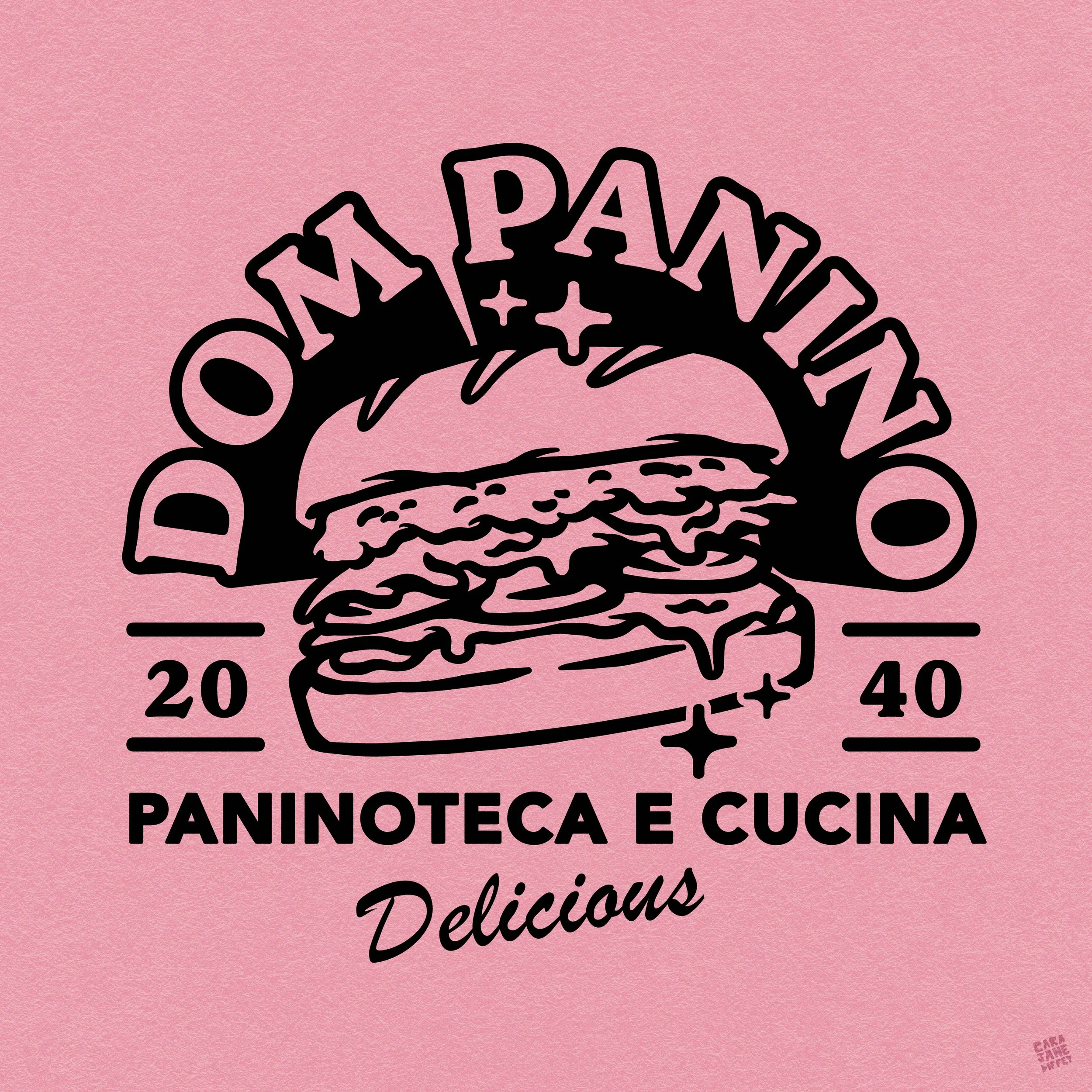 Logo for Dodo Panini featuring a black line drawing of a sandwich with the words 'Dodo Panini,' 'Paninoteca e Cucina,' and the year 2040 on a pink background.