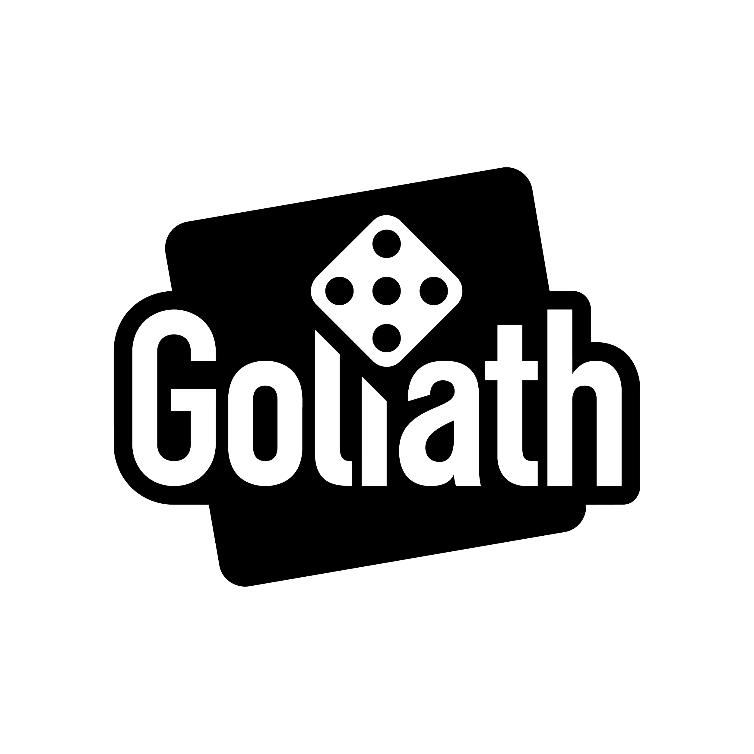 Line drawing of the Goliath logo with a die above the text.